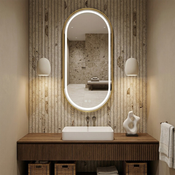 Зеркало Azario Блейк 50 см АZ-LED011625 (подсветка, подогрев и сенсорный выключатель) золото матовое фото 6