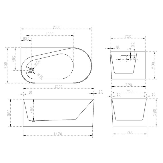 Ванна акриловая Abber AB9496-1.5 L 150x75 см фото 10