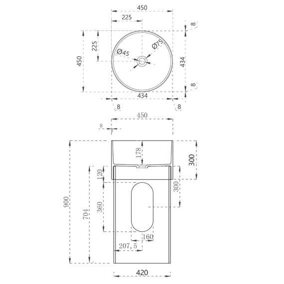 Раковина напольная прозрачная Abber Kristall 45 см AT2701Onyx-H с техническим отверстием для монтажа у стены, черный фото 4