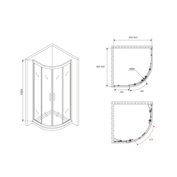 Душевое ограждение Abber Schwarzer Diamant 90 см AG01090, хром/прозрачное фото 5