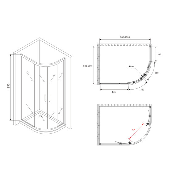 Душевое ограждение Abber Schwarzer Diamant 100x90 см AG01190M, хром/матовое фото 5