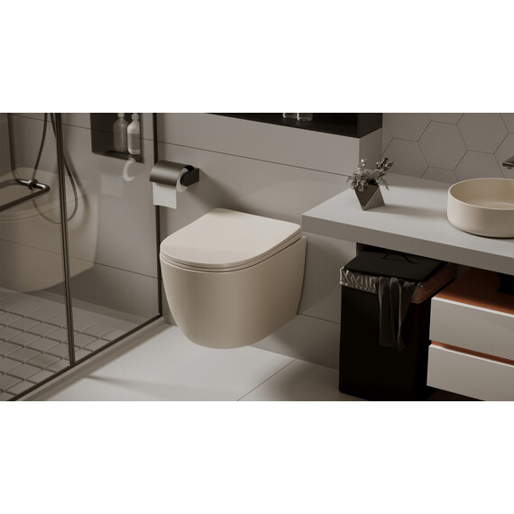 Унитаз подвесной безободковый Abber Bequem AC1101MBE с крышкой микролифт, бежевый матовый, Цвет производителя: бежевый фото 12