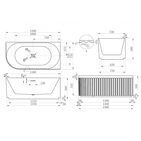 Ванна акриловая Abber AB9412-1.5 R 150x75 см фото 11