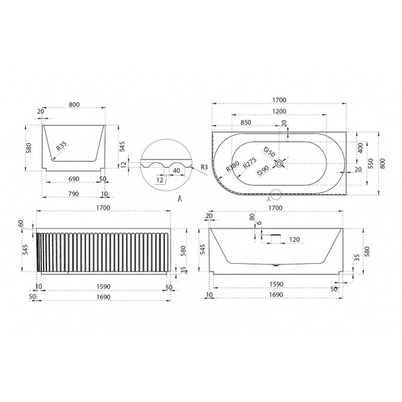 Ванна акриловая Abber AB9412-1.7 R 170x80 см фото 11