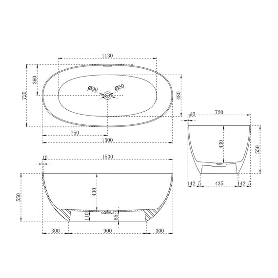 Ванна отдельностоящая Abber Stein 150x72 см AS9624-1.5, белый матовый, Размер - мм: 1500x700 фото 4