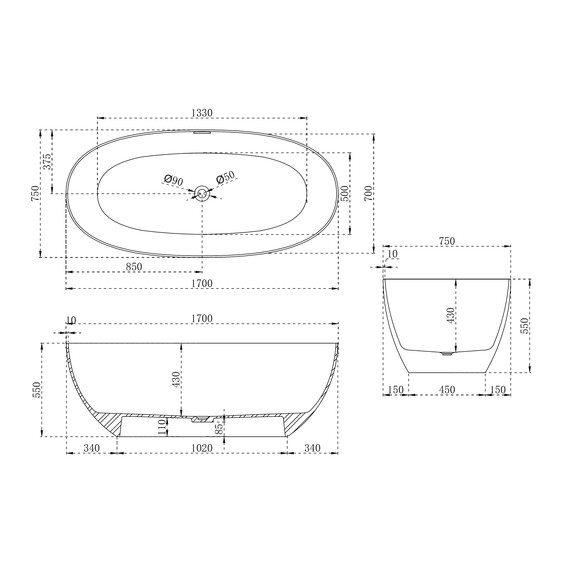 Ванна отдельностоящая Abber Stein 170x75 см AS9624-1.7, белый матовый, Размер - мм: 1700x750 фото 4