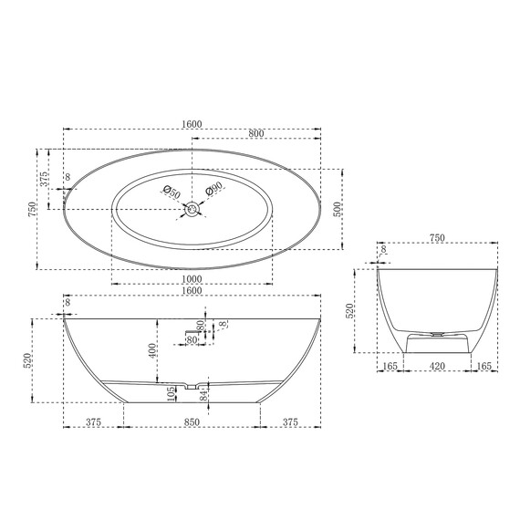 Ванна отдельностоящая Abber Stein 160x75 см AS9625-1.6, белый матовый, Размер - мм: 1600x750 фото 13