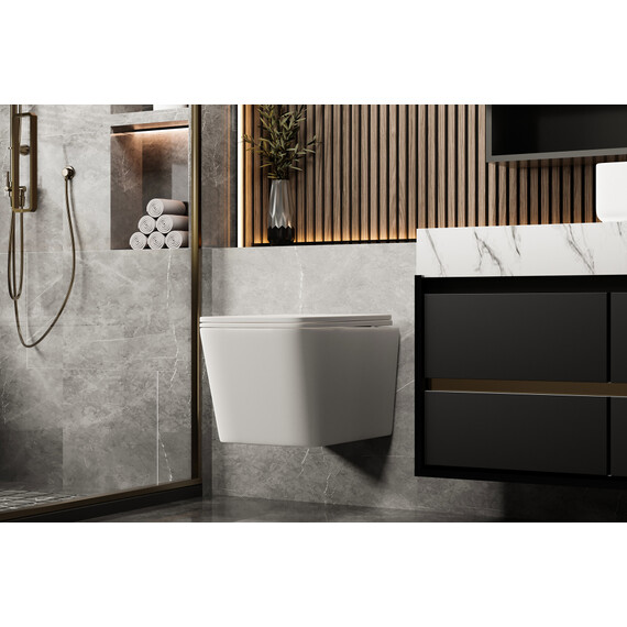 Унитаз подвесной безободковый Abber Rechteck AC1201MW с тонкой крышкой микролифт, белый матовый фото 12