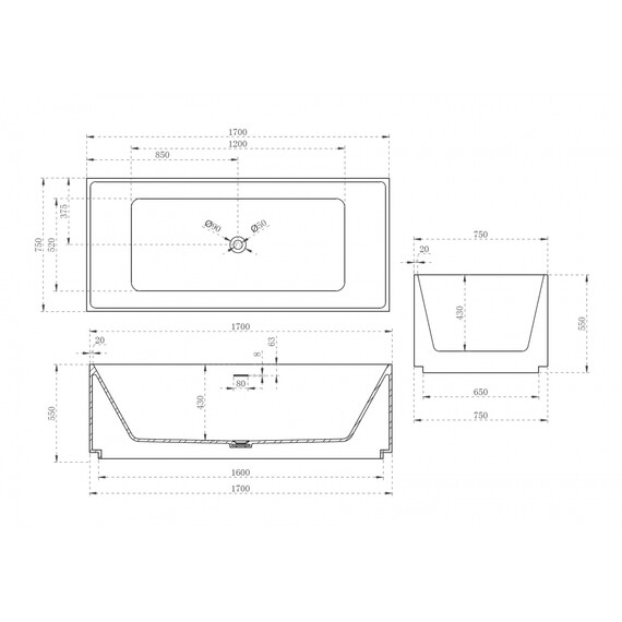Ванна отдельностоящая Abber Stein 170x75 см AS9602 фото 12