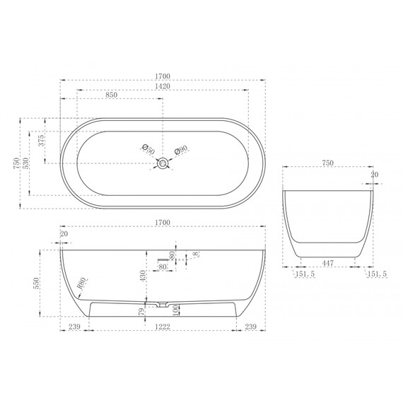 Ванна отдельностоящая Abber Stein 170x75 см AS9613-1.7, белый матовый, Размер - мм: 1700x750 фото 11