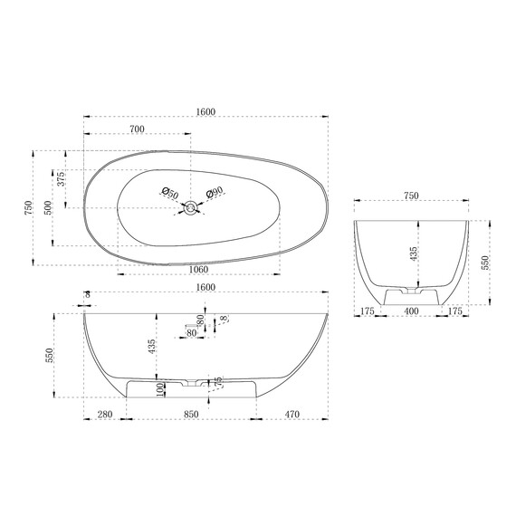 Ванна отдельностоящая Abber Stein 160x75 см AS9611-1.6, белый матовый, Размер - мм: 1600x750 фото 10
