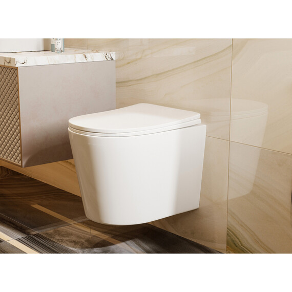 Унитаз подвесной безободковый Abber Bequem AC1102T с тонкой крышкой микролифт (Система смыва торнадо), Цвет производителя: белый фото 13