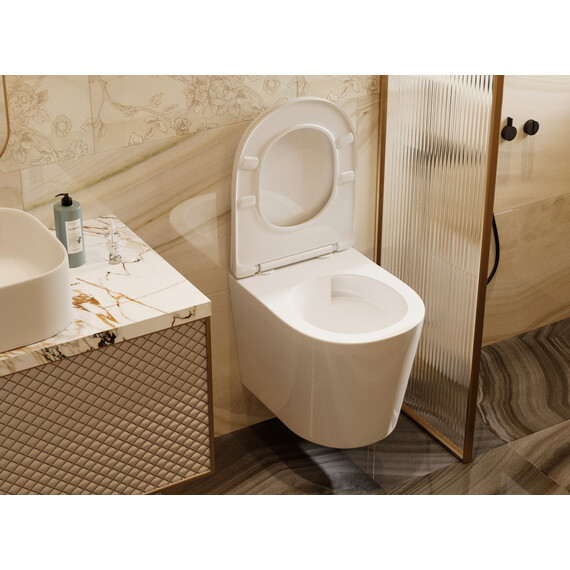 Унитаз подвесной безободковый Abber Bequem AC1102T с тонкой крышкой микролифт (Система смыва торнадо), Цвет производителя: белый фото 14