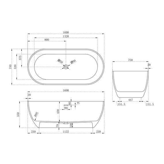 Ванна отдельностоящая Abber Stein 160x75 см AS9613-1.6, Размер - мм: 1600x750 фото 11