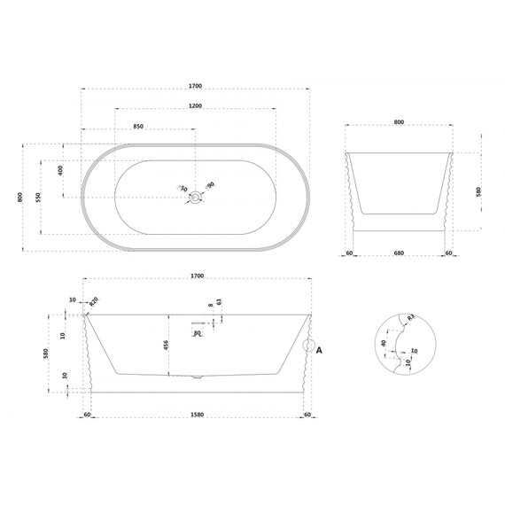 Ванна отдельностоящая Abber Stein 170x80 см AS9650, белый матовый фото 12