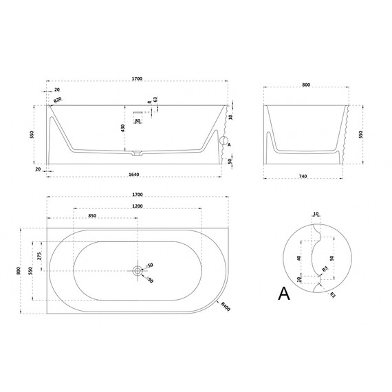 Ванна каменная Abber Stein 170x80 см AS9651 L, белый матовый фото 12