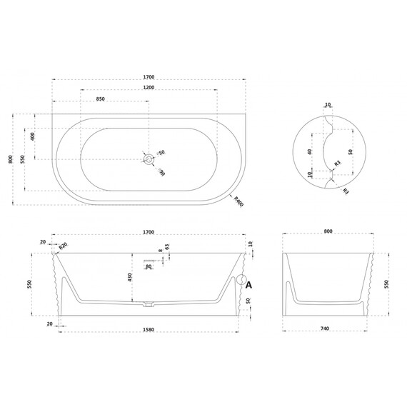 Ванна каменная Abber Stein 170x80 см AS9652, белый матовый фото 11