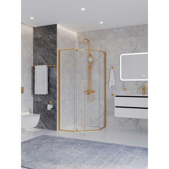 Душевое ограждение Cezares 90x90 см PLANE-P-1-90-C-BORO (стекло 8 мм) брашированное золото/прозрачное фото 2