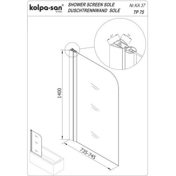 Шторка для ванны Kolpa-San Sole TP 75 см, хром/прозрачное фото 2