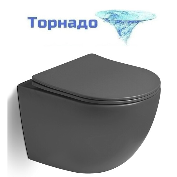 Унитаз подвесной безободковый Vincea Globo VT1-14STMA с ультратонкой крышкой микролифт (Система смыва торнадо) антрацит матовый фото 