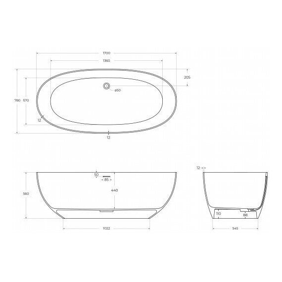 Ванна акриловая Cezares 170x78 см CZR-STREAM-170-78-56-SSB, белый матовый фото 9