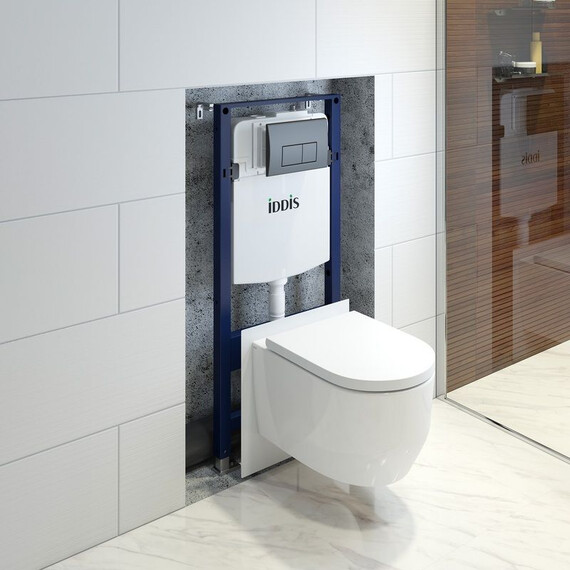Инсталляция с подвесным безободковым унитазом комплект: Iddis Basic BASAI02i73 сиденье микролифт, крепление, кнопка смыва чёрная (система смыва Торнадо) фото 16