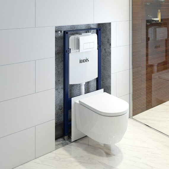 Инсталляция с подвесным безободковым унитазом комплект: Iddis Basic BASAI03i73 сиденье микролифт, крепление, кнопка смыва белая (система смыва Торнадо) фото 16