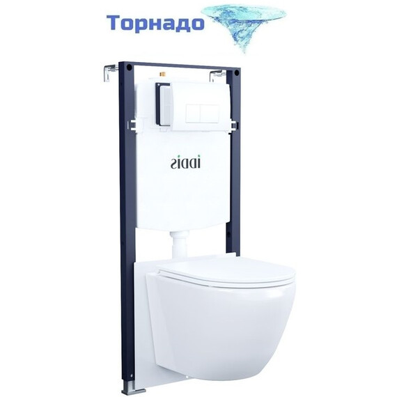 Инсталляция с подвесным безободковым унитазом комплект: Iddis Basic BASBQ03i73 сиденье микролифт, крепление, кнопка смыва белая (система смыва Торнадо) фото 
