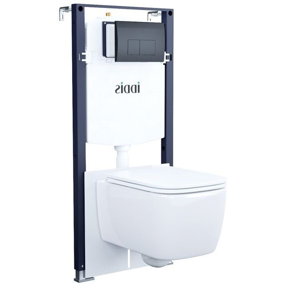 Инсталляция с подвесным безободковым унитазом комплект: Iddis Basic BASBR02i73 сиденье микролифт, крепление, кнопка смыва чёрная фото 