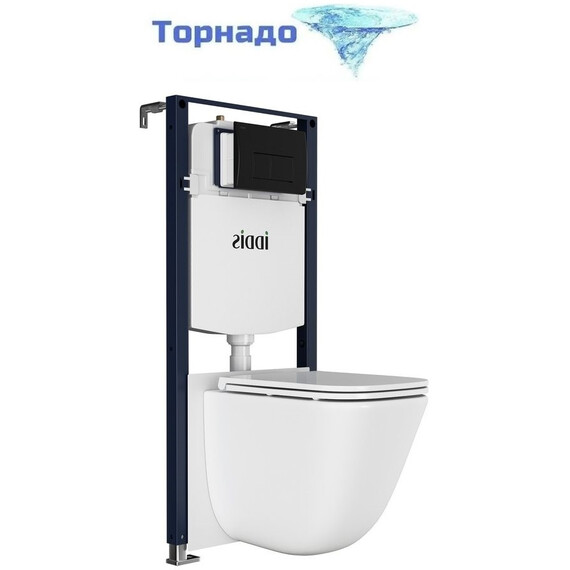 Инсталляция с подвесным безободковым унитазом комплект: Iddis Basic BASTQ02i73 сиденье микролифт, крепление, кнопка смыва чёрная (система смыва Торнадо) фото 