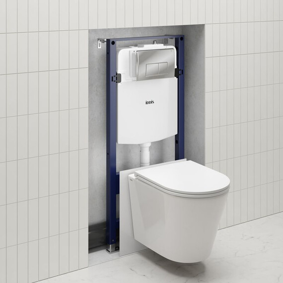 Инсталляция с подвесным безободковым унитазом комплект: Iddis Calipso CAQPO1GCi73 сиденье микролифт, крепление, кнопка смыва хром (система смыва Торнадо) фото 2