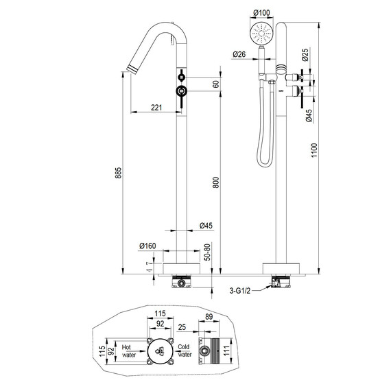 Смеситель для ванны напольный Boheme Eterna 179-BRB (со скрытой частью) бронза брашированная фото 2