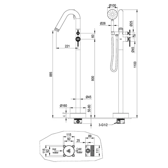 Смеситель для ванны напольный Boheme Eterna 179-CR (со скрытой частью) фото 2