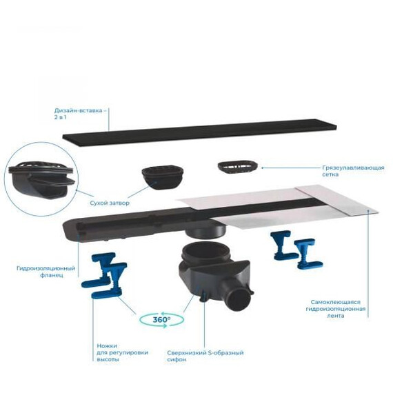 Трап Pestan (BETTOSERB) Confluo Frameless Line Black Matte 55 см 13701319, черный матовый (под плитку), Цвет производителя: чёрный, Размер трапа: 550 фото 5