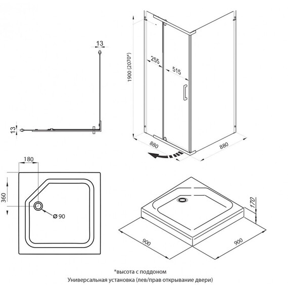 Душевое ограждение Triton Терра 90x90 см Щ0000073931, золото/прозрачное фото 12