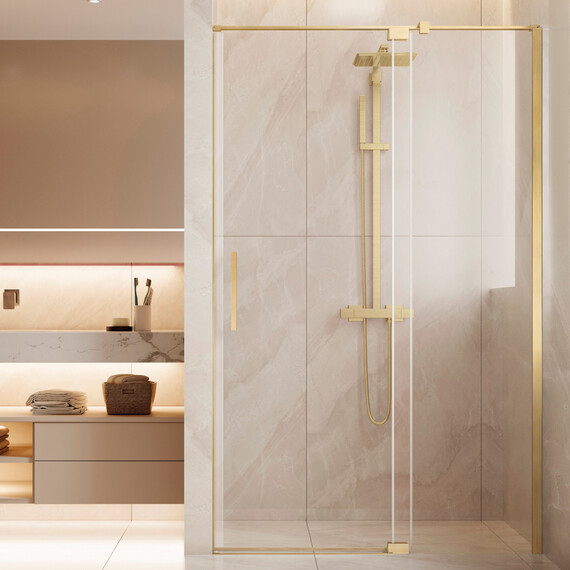 Душевая дверь Vincea Extenza 100-110 см VDP-4EX1011CLG (стекло 8 мм) брашированное золото/прозрачное фото 