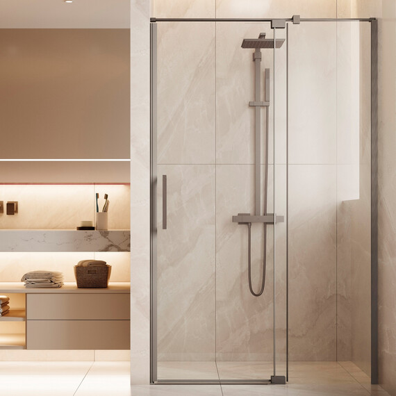 Душевая дверь Vincea Extenza 110-120 см VDP-4EX1112CLGM (стекло 8 мм) вороненая сталь/прозрачное фото 