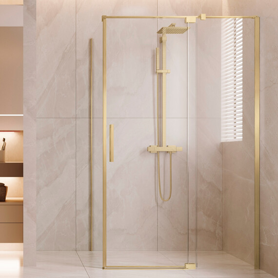 Душевое ограждение Vincea Extenza 90-100x100 см VSR-4EX901010CLG (стекло 8 мм) брашированное золото/прозрачное фото 