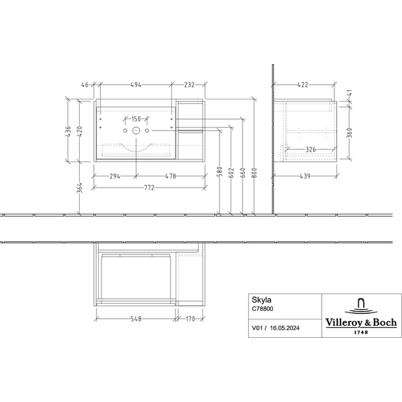Тумба подвесная с раковиной-столешницей  Villeroy&Boch Skyla 80 см C78800VE (раковина 5A52L101) фото 9
