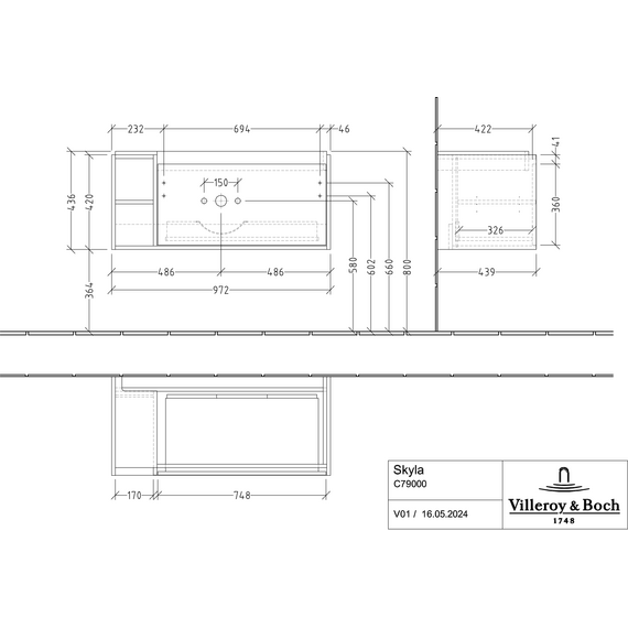 Тумба подвесная с раковиной-столешницей Villeroy&Boch Skyla 100 см C79900VR (раковина 5A51A501) графит фото 13