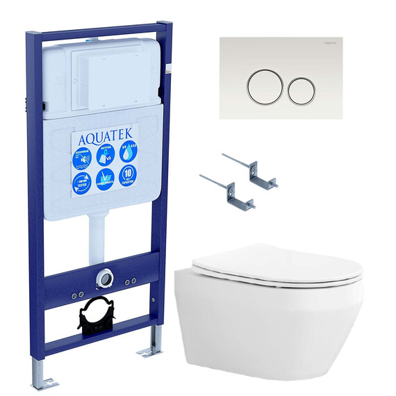 Инсталляция с подвесным унитазом комплект SET AQUATEK ЛЕЯ-015 4в1 (рама AQUATEK Standard INS-0000012 + крепеж KKI-0000002 + клавиша KDI-0000015 + унитаз ЛЕЯ AQ1199-00 с тонким сиденьем soft-close) фото 