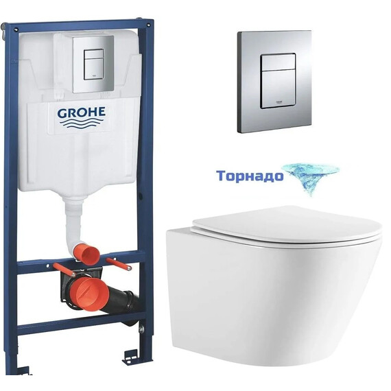 Инсталляция с подвесным унитазом комплект: Grohe Rapid SL 38772001 с подвесным безободковым унитазом Aquatek Либерти AQ1999T-00 сиденье микролифт, крепление, с кнопкой смыва хром (Система смыва торнадо) фото 
