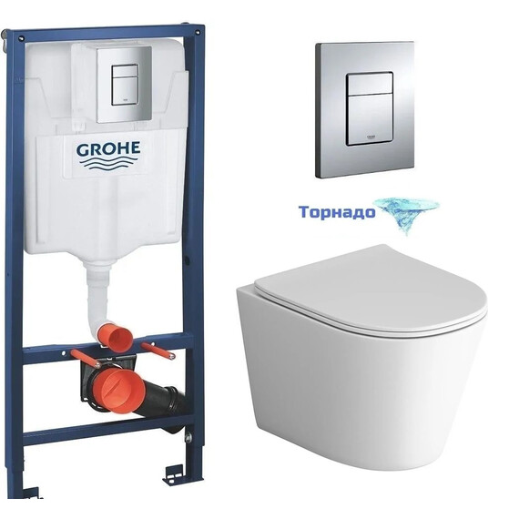 Инсталляция с подвесным унитазом комплект: Grohe Rapid SL 38772001 с подвесным безободковым унитазом Grossman GR-4477MSQ сиденье микролифт, крепление, с кнопкой смыва хром (Система смыва торнадо) фото 