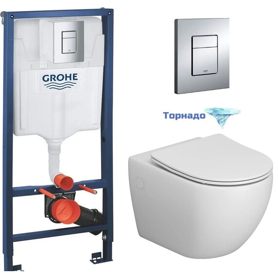 Инсталляция с подвесным унитазом комплект: Grohe Rapid SL 38772001 с подвесным безободковым унитазом Grossman GR-4411MSQ сиденье микролифт, крепление, с кнопкой смыва хром (Система смыва торнадо) фото 