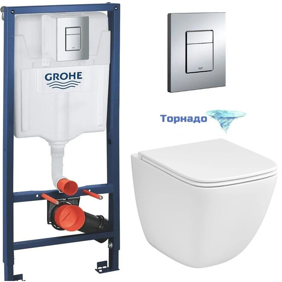 Инсталляция с подвесным унитазом комплект: Grohe Rapid SL 38772001 с подвесным безободковым унитазом Grossman GR-4497SQC сиденье микролифт, крепление, с кнопкой смыва хром (Система смыва торнадо) фото 