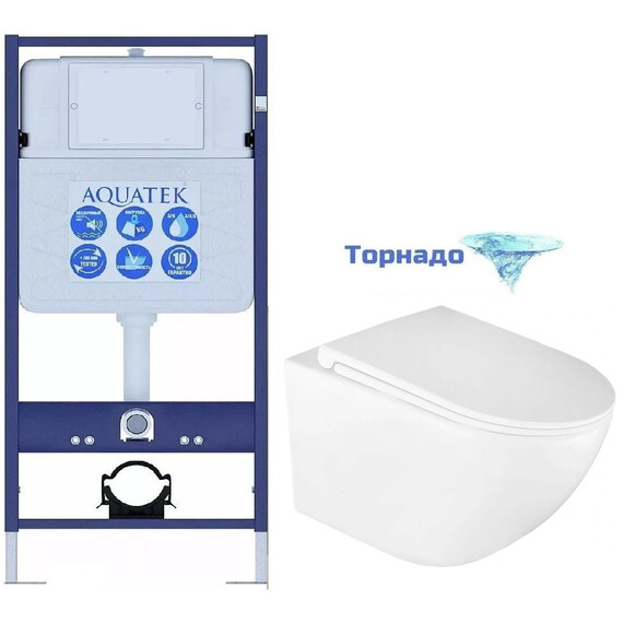 Инсталляция с подвесным унитазом комплект: Aquatek Standart 50 INS-0000012 с подвесным безободковым унитазом Azario Bonelle AZ-2801E сиденье микролифт (Система смыва торнадо) фото 