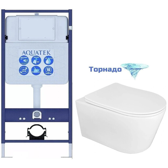 Инсталляция с подвесным унитазом комплект: Aquatek Standart 50 INS-0000012 с подвесным безободковым унитазом Azario Ollin AZ-0513R сиденье микролифт (Система смыва торнадо) фото 