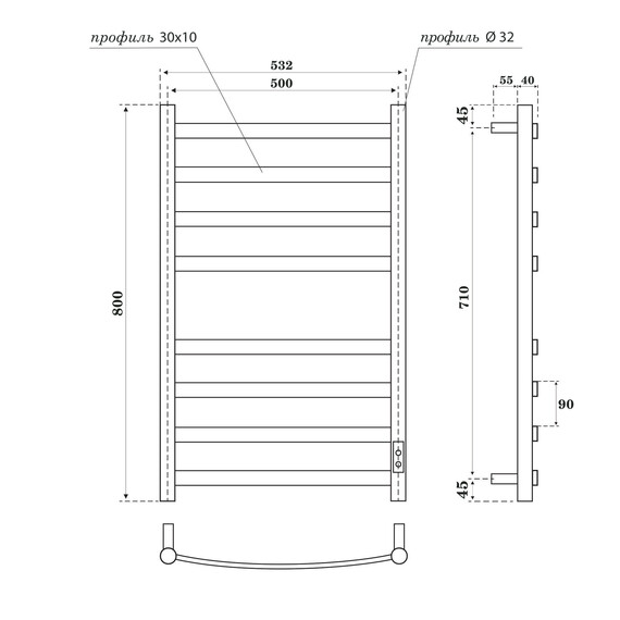 Полотенцесушитель электрический Apextermo Умбра П8 500x800 мм UM00185BM (скрытое подключение) чёрный фото 7