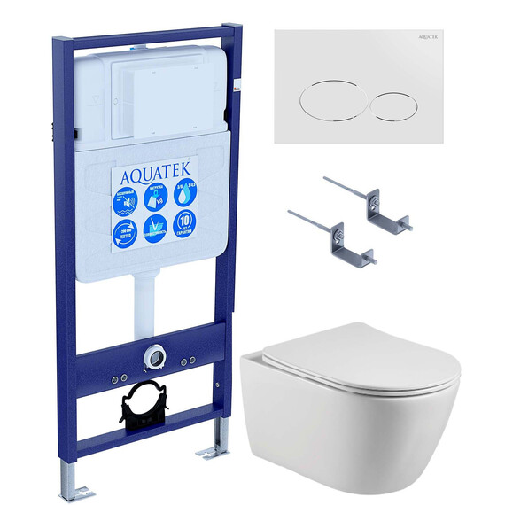 Инсталляция с подвесным унитазом комплект SET AQUATEK БЕТТА-071 4в1 (рама AQUATEK Standard INS-0000012 + крепеж KKI-0000002 + клавиша KDI-0000071 + унитаз БЕТТА AQ1253W-00 с тонким сиденьем sc) фото 