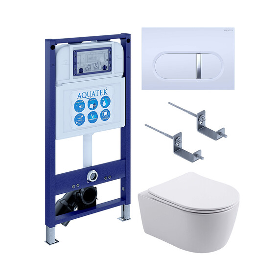 Инсталляция с подвесным унитазом комплект: SET AQUATEK ЕВРОПА New-042 4в1 (рама AQUATEK INS-0000025 +крепление KKI-0000002 +кнопка KDI-0000042 +унитаз AQ1106L-00 с тонким сиденьем sc) фото 